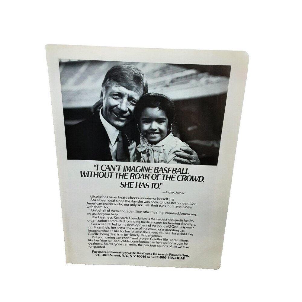 1987 Mickey Mantle Deafness Research Foundation Original Print Ad Vintage 80s